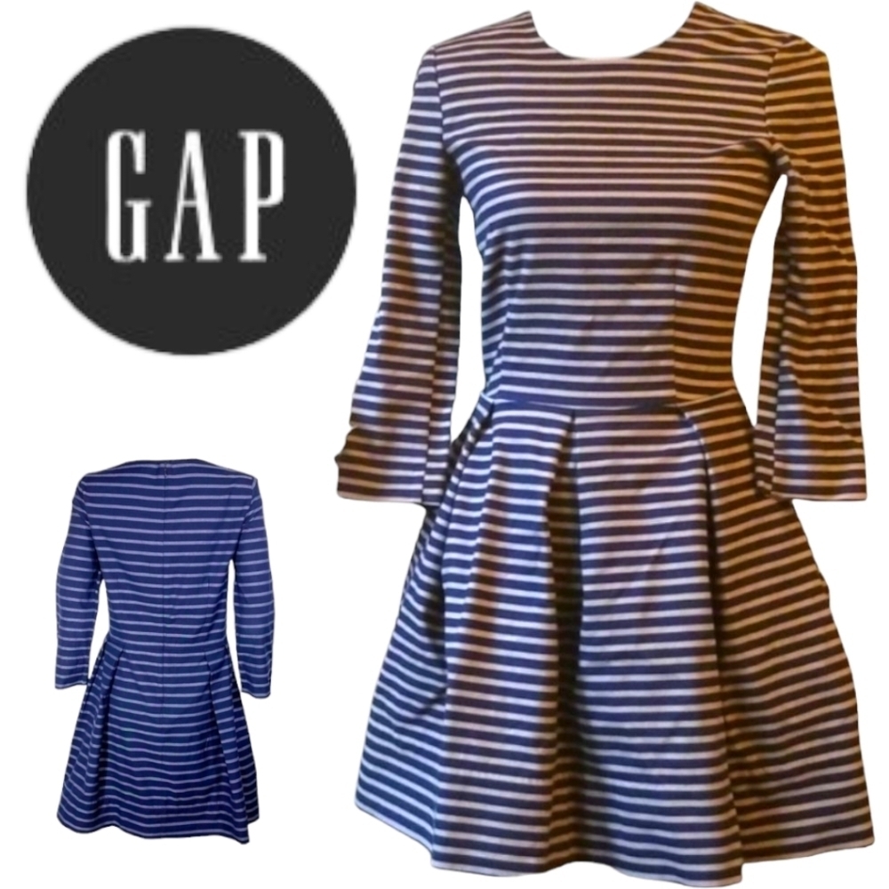 GAP Striped Fit & Flare Mini Dress Navy & Light Blue 3/4 Slvs Cuffs Pockets Sz 2